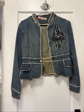 Marni Dark Blue Denim Cropped Jacket with Sequin Motif